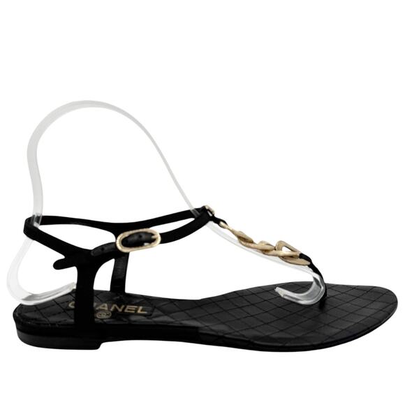 Chanel CC Logo Gold Chain Thong Sandals Black Quilted Leather EU 38.5 US 7.5-8 - Picture 4 of 11